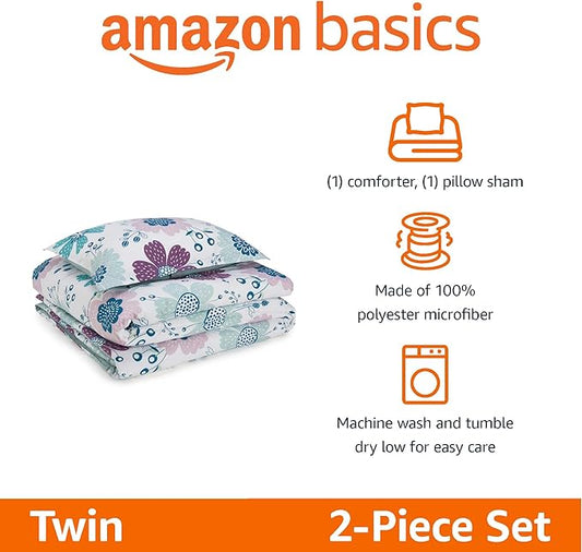 Amazon Basics 2-Piece Soft, All-Season Microfiber Kids' Comforter and Pillow Sham Set, Twin, Purple Flowers, Bluish Pink