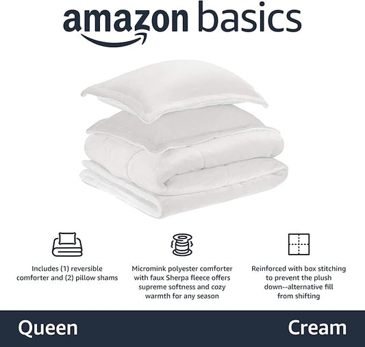 Amazon Basics 3-Piece Micromink Sherpa Bedding Set, Ultra-Soft, Warm All Season Comforter, Full/Queen, Cream