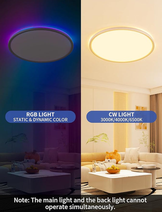 Smart Ceiling Light, RGB LED Flush Mount Ceiling Light with Remote,Ambient Lighting Fixture, 11 Inch 24W 2400LM 3000K-6500K, DIY Colors, Timer, White