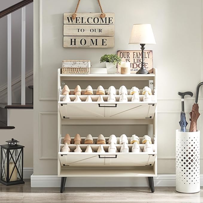 Shoe Storage Cabinet with 2 Flip Drawers, Farmhouse Hidden Shoe Organizer, Narrow Slim Shoe Rack Cabinet for Entryway Hallway,Antique White