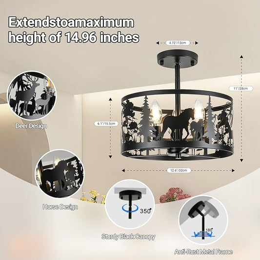 Farmhouse Rustic Ceiling Light Fixtures-Deer & Horse Design, 3-Light Round E26 Base Black Metal Fixture for Kitchen, Living Room,Foyer, Bedroom, Hallway(Bulbs not Included)