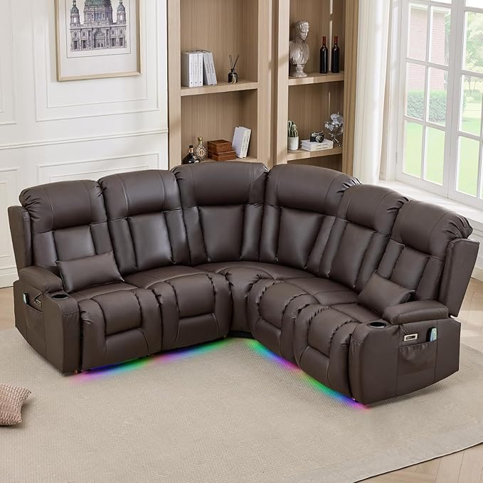 IPKIG Power Recliner Sofa with Flip-Up Backrest Console, USB & USB-C Ports, AC Outlet, LED Lights, Wall Hugger Recliners for Living Room, RV (Brown, 77.53" - 5 Seat) | Faux Leather, Zero Gravity, Dual Reclining, 2 Lumabr Pillow