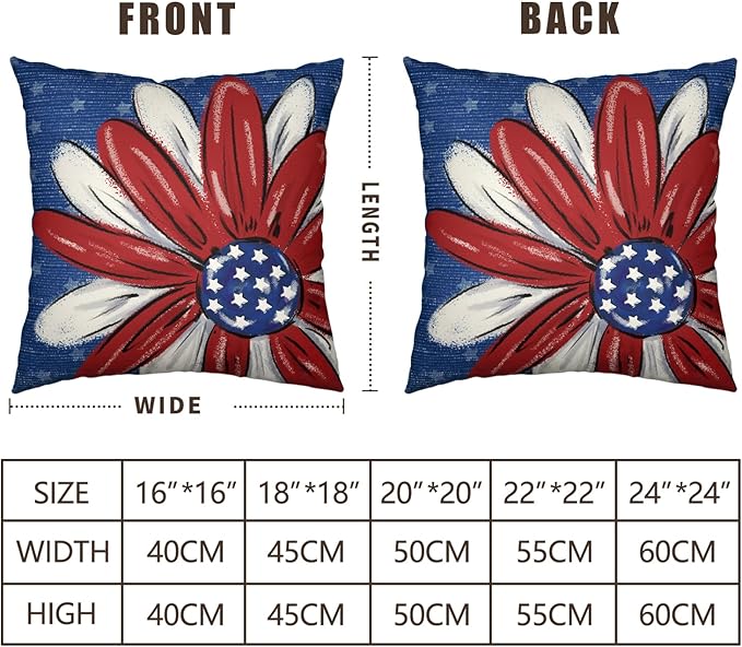 4th of July Outdoor Pillow Covers 20x20 Set of 2 Patriotic Stars Fireworks Throw Pillow Covers Independence Memorial Day Red White Flower Decorative Cushion Cases for Couch Sofa