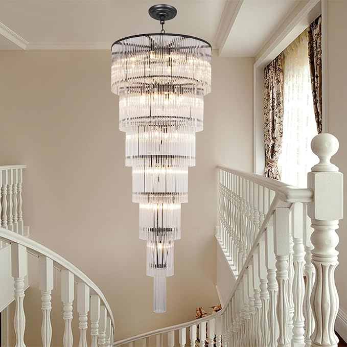 Black Glass Chandeliers for High Ceiling, 7-Tier Glass Rod Chandelier H71 Modern Foyer Entryway Ceiling Light Fixture for Staircase Living Room Entry Extra Long