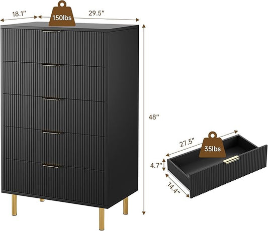 IDEALHOUSE Black Dresser, Modern 5 Drawer Dresser for Bedroom with Gold Handle and Large Drawer, Wood Double Chest of Drawers and Storage Organizer for Living Room, Hallway, Entryway