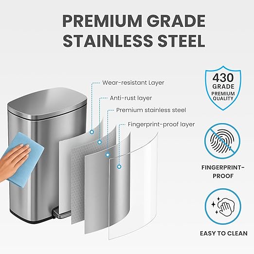 iTouchless SoftStep 13.2 Gallon Step Kitchen Trash Can with Lid and Odor Filter, 50 Liter Trashcan for Home Office Garage Bedroom Bathroom Living Room Silent Lid Close Stainless Steel Slim Wastebasket