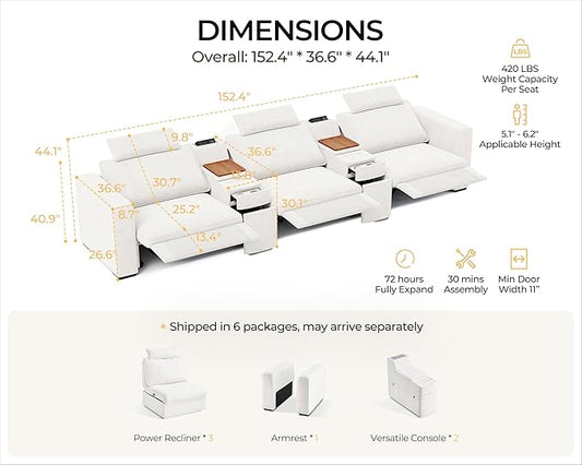 152.4" Power Recliner Sofa Wall Hugger, Modular Cloud Sectional Reclining Couch with Headrest, Storage Drawer Cup Holder, 3-Seater with 2 Consoles for Home Theater Living Room, Chenille, White