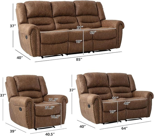 EBELLO Recliner Sofa Furniture Set for Living Room, Faux Leather Recliner Chair, Manual Loveseat, 3 Seat Recliniing Sofa Couch Set for Meeting Room, Brown