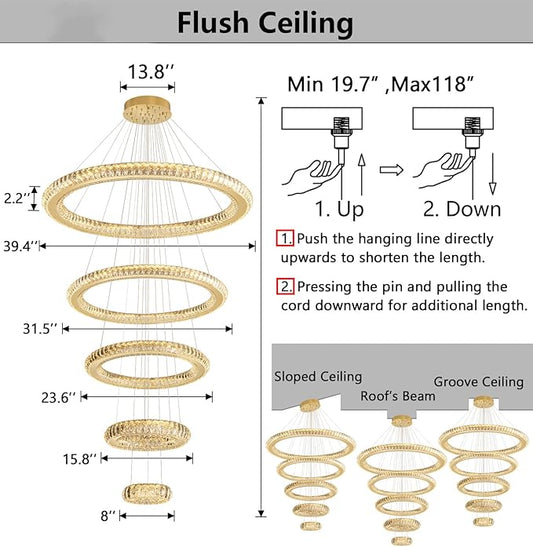 Modern Chandelier 8"+16"+24"+32"+40" 5 Rings Crystal LED Dimmable Lighting Foyer Entryway High Ceiling Living Room Chanderliers Pendant Lights Fixtures Gold Light