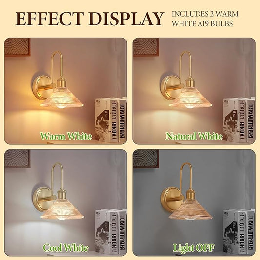 Wall Sconce Set of 2, Gold Vintage Light Fixtures with Round Amber Glass Lampshade, Hardwired Sconces Wall Lighting for Bedroom, Bathroom, Living Room | Includes 2 LED Bulbs