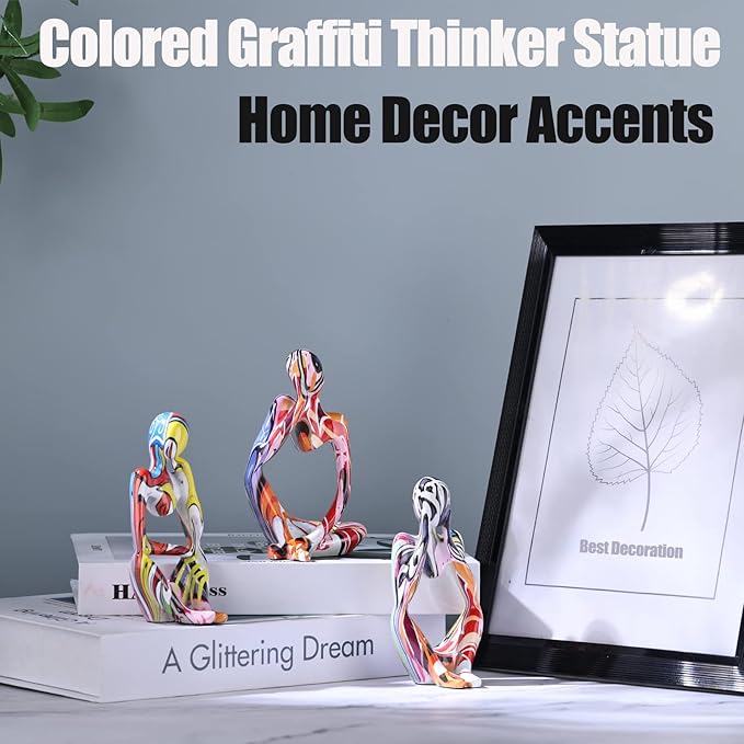 Graffiti Thinker Statue Decor for TV Stand, Shelf, Desk, or Coffee Table - Set of 3 Resin Figurines for Living Room Decorative Objects, Modern Sculpture, Minimalist Bookcase Decor