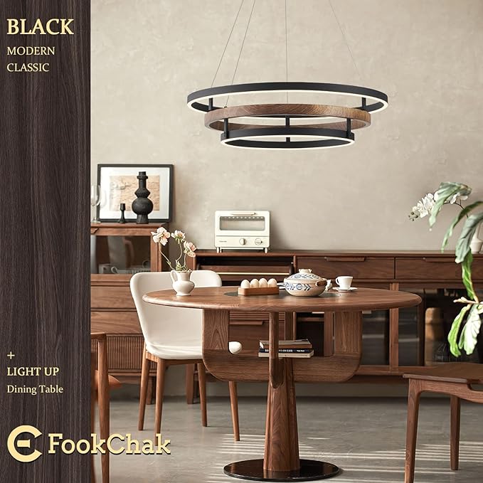 Modern LED Chandelier Black Wood Dimmable 3-Ring Foyer Entry Chandeliers Light 24in Dining Room Chandelier Light Fixture for Kitchen Home Office Living Room