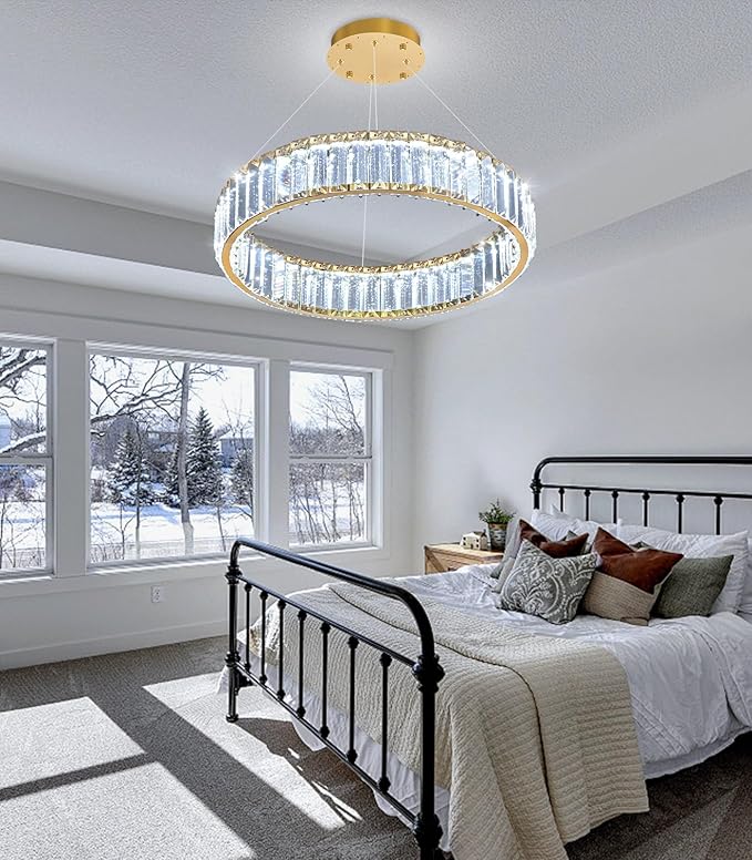 16'' Modern Ring Chandelier Crystal Chandeliers for Dining Room Round LED Dimmable Ceiling Light Fixture for Living Room Bedroom Lighting Gold