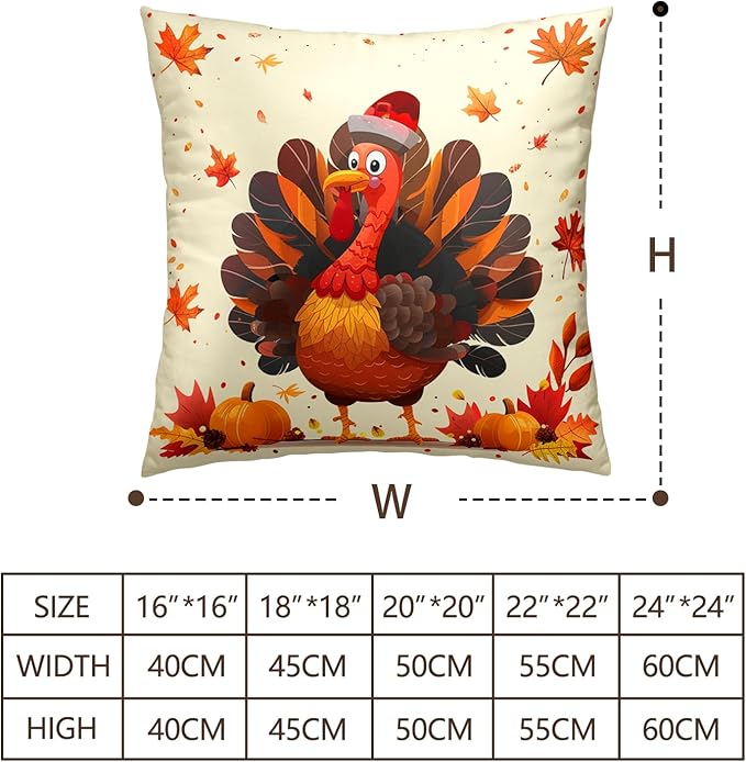 Turkey Pillow Covers 24x24 Set of 2 Happy Thanksgiving Turkey Maple Leaves Pumpkin Throw Pillow Case Fall Harvest Pillowcase Covers Farmhouse Decorative Cushion Cases for Outdoor Couch Patio