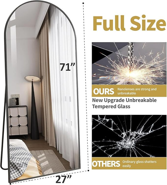 71"x26" Arched Full-Length Mirror with Explosion-Proof HD Glass - Oversized Floor or Wall-Mounted Full Body Mirror for Bedroom, Living Room, and Cloakroom (Black)
