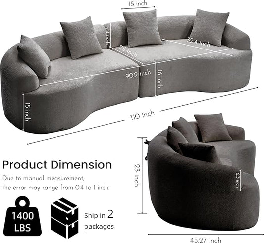 110" Oversized Cloud Sectional Sofa Modern Curved Boneless Couches for Living Room, 4-Seater Extra Deep Seat Foam Floor Compressed Couch w/Tight Backrest and 4 Pillows,Chenille Sofa & Couches | Breathable material, Non-slip, No Assembly Required