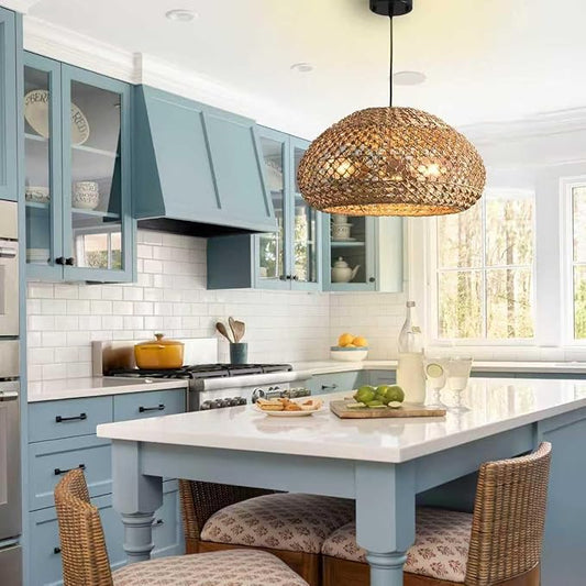 18.89" Large Rattan Pendant Light Fixture, Boho Ceiling Hanging 3-Light Hand-Woven Wicker Chandelier, Suitable for Kitchen Islands, Dining Rooms, and Farmhouses.