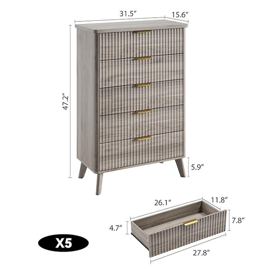 Garvee 5 Drawers Dresser for Bedroom, 47.2" Tall Dressers with Curved Profile Design, Fluted Wood Drawers with Gold Handle, Modern Chest of Dressers with Thickened Design for Living Room, Grey