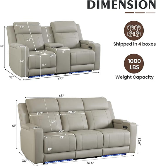 Netpane Breathable Leather Power Recliner Sofa Set with Adjustable Headrest, Power Reclining Sofa and Loveseat Set with LED Light/Wireless Charger/Storage, HomeTheater Seating(Grey)