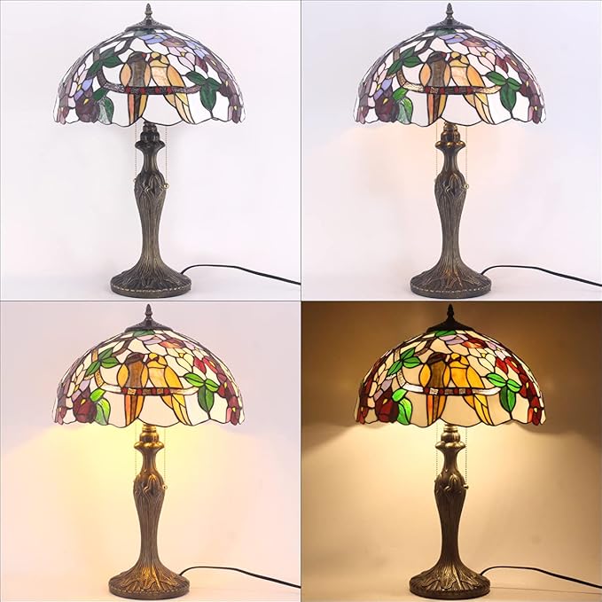 WERFACTORY Tiffany Style Table Lamp Double Birds Colorful Stained Glass Bedside Lamp 16X16X24 Inches Desk Light Metal Base Decor Bedroom Living Room Home Office S803 Series