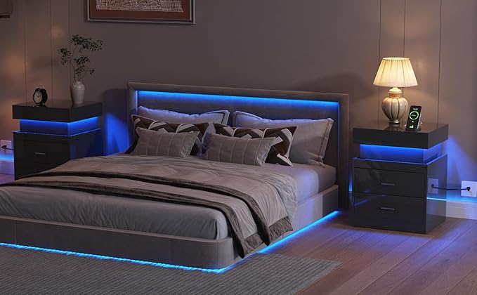 ChooChoo LED Nightstand Set of 2,Smart Night Standwith Charging Station and Sliding Top Storage, Black