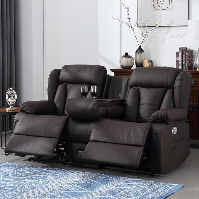 72.8" Manual Reclining Loveseat - Wall Hugger Double Loveseat Recliner with Console, Fold-Down Table and Built-in Outlets, Manual Recliner Chair for Living Room RVs Home Theater (Brown)