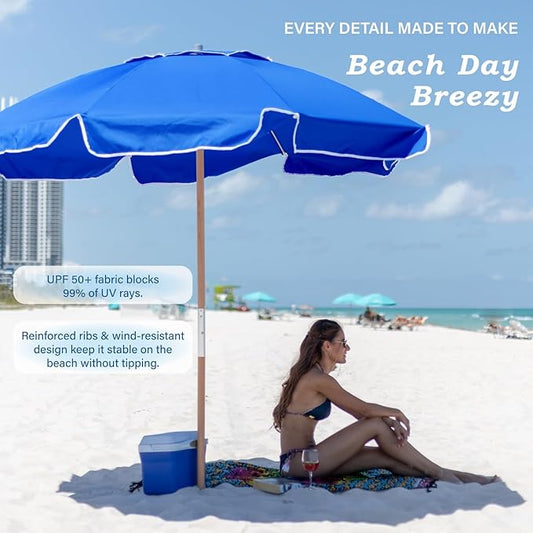 AMMSUN 7.5ft Heavy Duty High Wind Beach Umbrella Commercial Grade with Air Vent Ash Wood Pole & Carry Bag UPF 50+ Sun Protection for Patio Garden Pool Backyard Blue