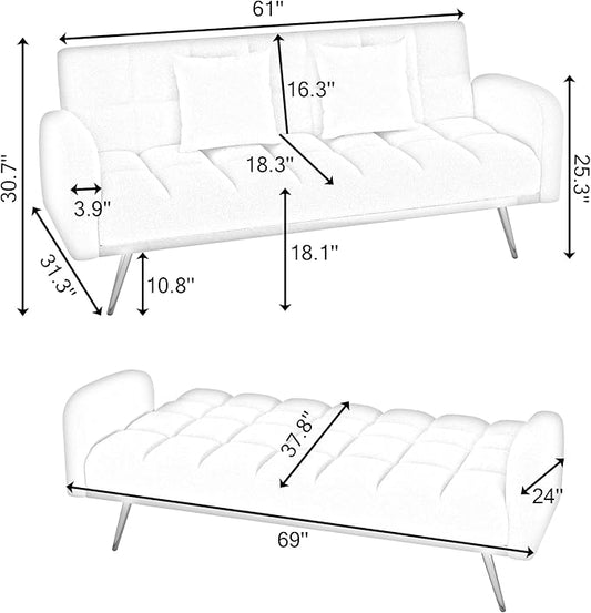 Eafurn Padded Convertible Futon Sofa Bed, Teddy Fleece Fabric Futons Loveseat Couch with Adjustable Backrest, Folding Sleeper Recliner Sofabed for Living Room Furniture | Golden Legs, Wood Frame