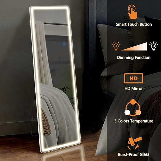 Sweetcrispy Full Length Mirror with LED Lights, 65"x21" Lighted Floor Mirror with Dimming & 3 Color Lighting, Stand for Bedroom, Dressing Room