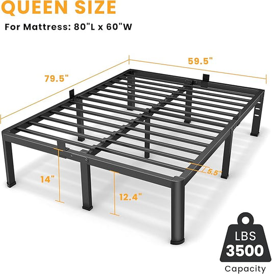 14 Inch Queen Bed Frame, Metal Platform Bed Frame with Round Corner Legs, 3500 lbs Heavy Duty Steel Slats Support, No Box Spring Needed, Noise Free, Easy Assembly, Black
