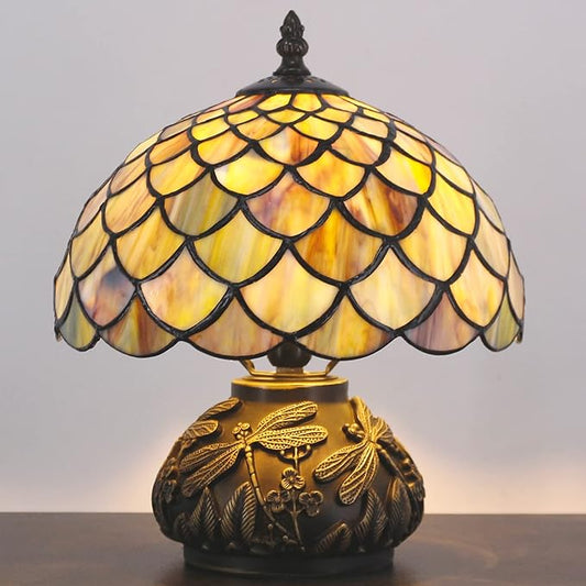 Small Tiffany Table Lamp Yellow Fish Scales Style Stained Glass Desk Lamp 10X11.5 Inch Mushroom Table Light for Office Home Living Room Bedroom