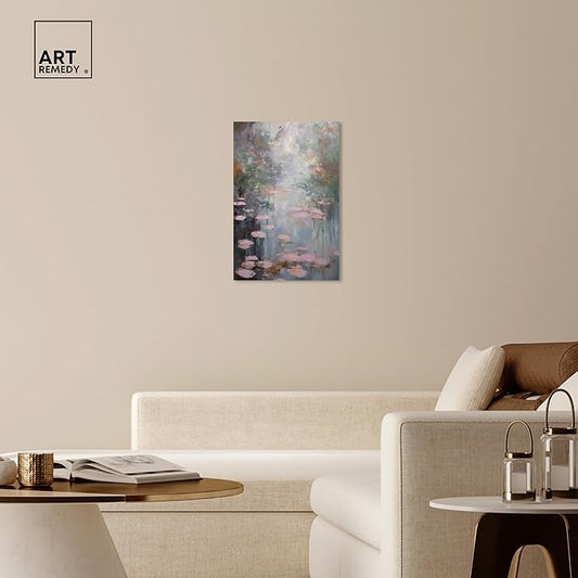 Art Remedy Pink Impressionisty Lilypads Gallery Wrapped Impressionism 1 Piece Canvas Wall Art/Monet And Van Gogh Inspired Art, 20" x 30", Gallery Wrapped