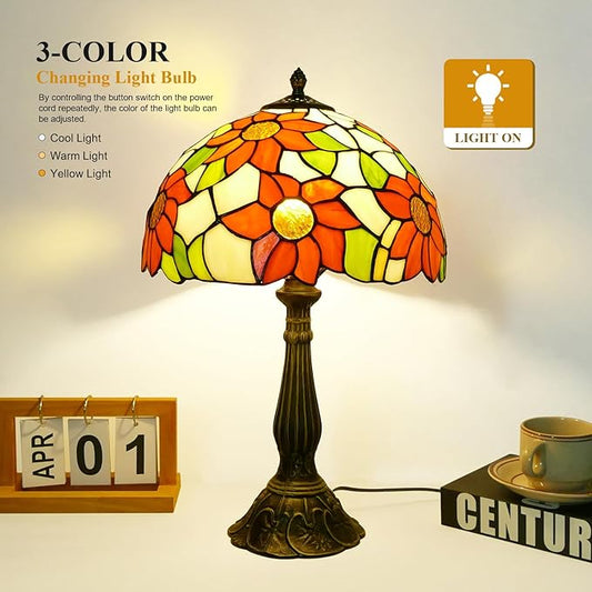Tiffany Style Table Lamp Sunflower Vintage Table Lamp Stained Glass Lamp Durable Bronze Alloy Base Tiffany Lamps for Bedroom 12" Wide 19" Tall for Living Room Home Office