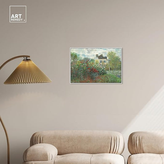 Art Remedy Monet-Garden With Dahlias Impressionism Classic Landscape Paintings Canvas Wall Art, White Floater Frame, 24"x36"