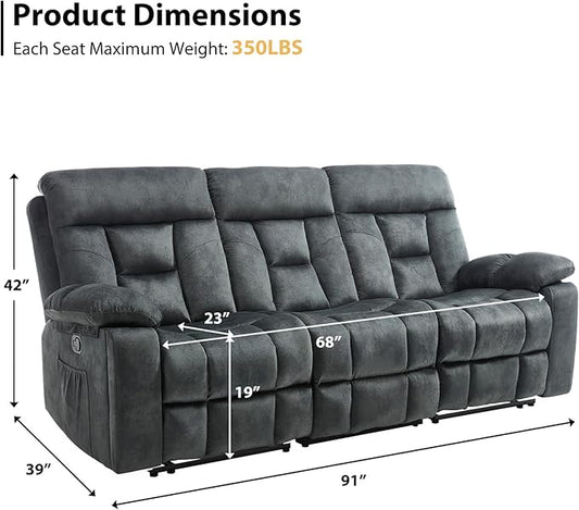 CANMOV 3 Seat Manual Recliner Sofa, Modern Reclining Sofa with Overstuffed Armrest, Hidden Cup Holders, for Living Room, Greenish-Gray
