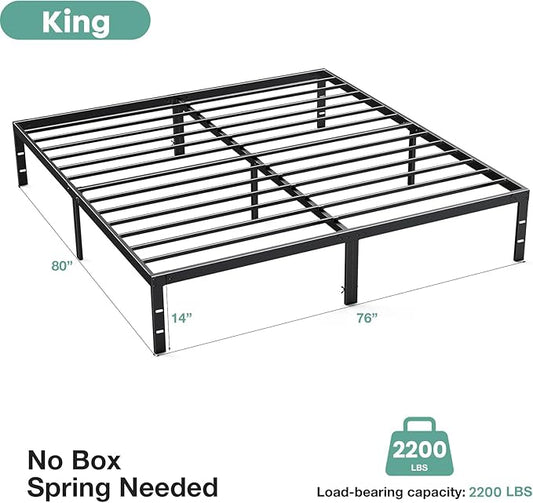 Sweetcrispy Bed Frame King - Heavy Duty No Box Spring Needed Metal Platform Bedroom Frames with Storage Space, 14 Inches High, Sturdy Steel Slat Support, Black