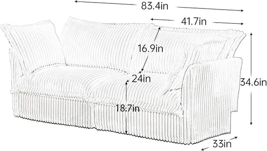 KEIKI 83" Corduroy Sectional Sofa, White Comfy Sleeper Cloud Couch Set with 2 Pillows, Modern Deep Soft Cushion Seat Sofa, Cozy Upholstered Loveseat for Apartment & Living Room, Cream
