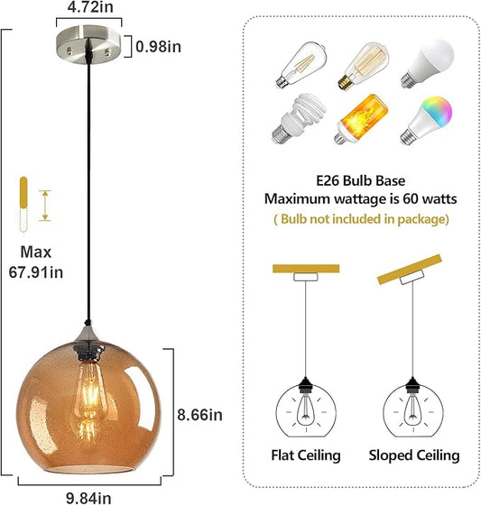 Amber Glass Pendant Lights Kitchen Island Globe Pendant Light Fixtures Modern Pendant Lighting for Bedroom Living Dining Room Light Fixture (9.84 in, 1 Pack)