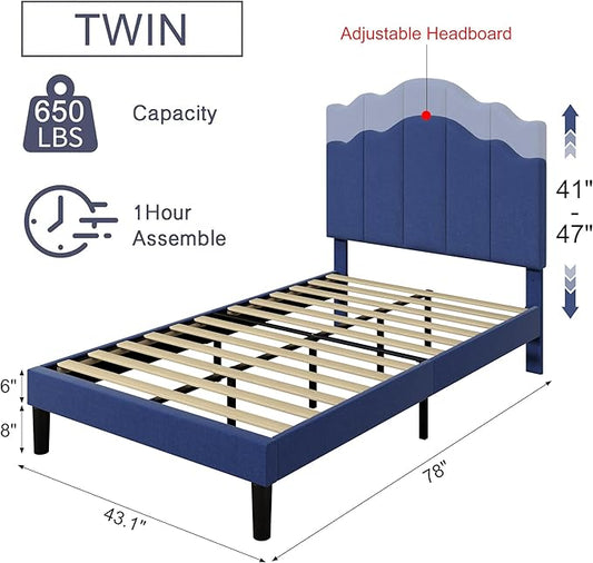 VECELO Twin Size Upholstered Platform Bed Frame with Adjustable Headboard, Wood Slat Support and Noise-Free, No Box Spring Needed, Easy Assembly, Blue