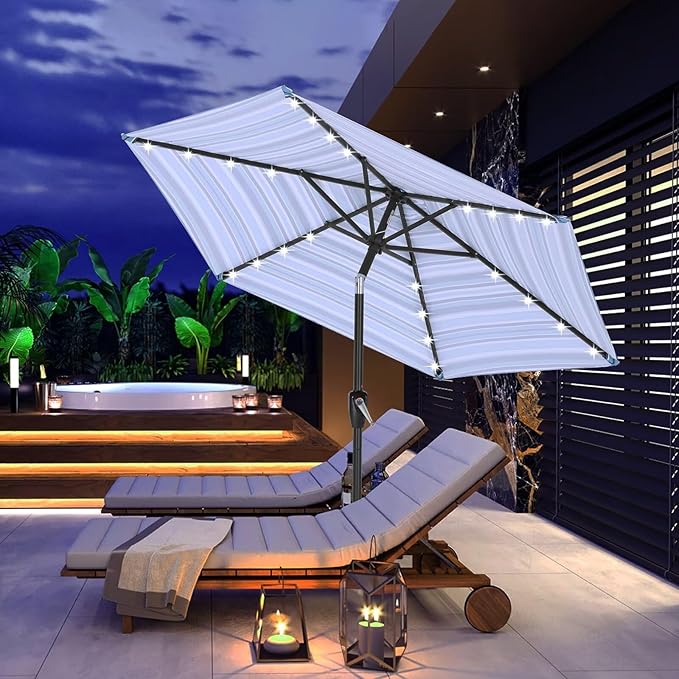 ABCCANOPY Durable Solar Led Patio Umbrellas with 24LED Lights 7.5FT with 6 Sturdy Ribs (Blue Stripes)