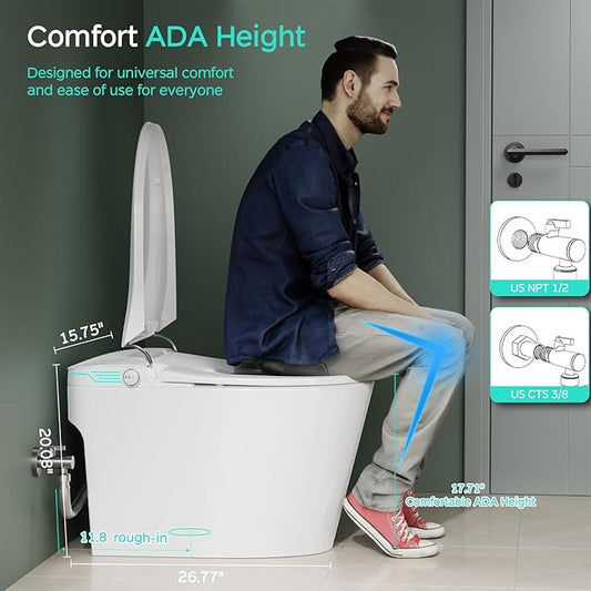 Smart Toilet with Bidet Built In ADA Height 17.7", 1.28GPF Power Flush, One Piece Bidet Toilet Design with Heated Seat, Voice Control, Remote Control, Foam Shield, Tankless Modern Toilet BSJ