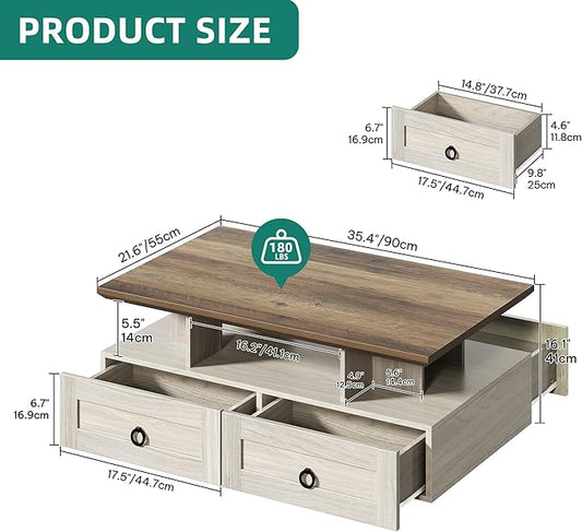 YITAHOME Farmhouse LED Coffee Table with Storage 4 Drawers, Wood Coffee Tables for Living Room, 2 Tiers Open Display Area with Metal Chic Handles, Industrial Cocktail Center Table, Brown and Oak