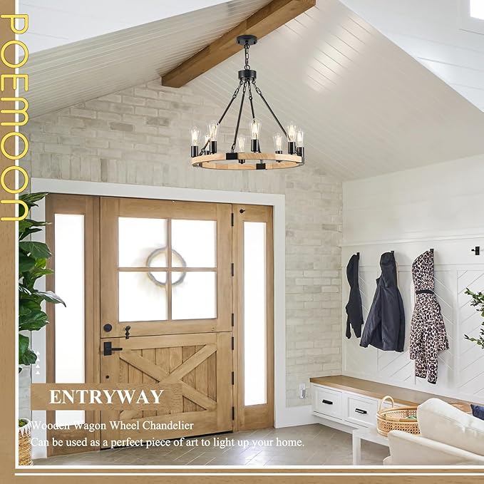 8 Lights Wooden Wagon Wheel Chandelier Natural Farmhouse 23.6'' Black Metal Light Fixtures Rustic Wood Round Chandelier for Living Dining Room Kitchen Entryway Foyer