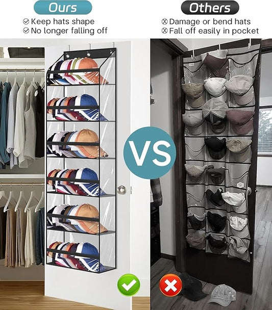 AOODA Clear Over The Door Hat Racks for Baseball Caps, Large Holds up to 72 Caps Hat Storage Organizer for Closet Wall, Deep Pockets Hanging Hat Holder with 3 Hooks, Black