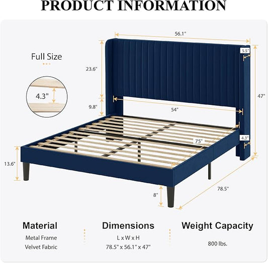 SHA CERLIN Full Size Velvet Bed Frame with Vertical Channel Tufted Wingback Headboard, Upholstered Platform Bed with Wood Slats, No Box Spring Needed, Easy Assembly, Blue