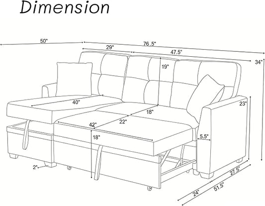 Sectional Sleeper Sofa with Pull Out Bed, L Shape Convertible Chenille Couch with Storage Chaise, 2 in 1 Pull Out Sofa Bed with 2 Seats, for Living Room, Apartment, Beige