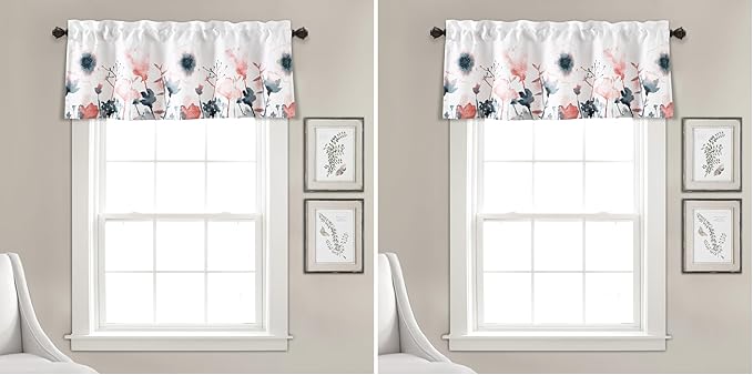 Lush Decor Zuri Flora Light Filtering Window Curtain Valance, 18" L x 52" W, Blue & Coral (Pack of 2)