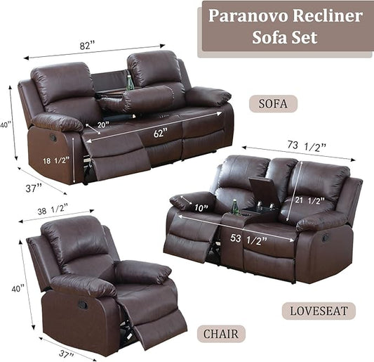 3PCS Recliner Sofa Set Vegan Leather Reclining Couch Set Dekmxas Living Room Furniture Sets Manual Reclining Sofa Set with Cup Holders/Storage Console/Flip Down Table for Home/Office (Brown, 3PCS Set)