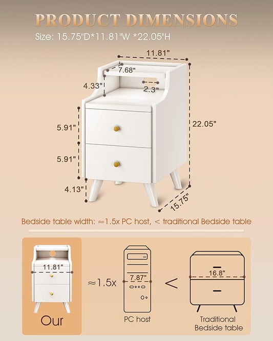 Narrow Nightstand with Drawers, 11.8" Slim Solid Wood Bedside Table with Open Shelf & Cable Hole, Modern Storage Cabinet for Small Spaces, Side Table for Bedroom & Living Room, White