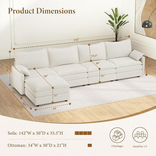 Vesgantti 135" U Shaped Modular Sectional Sofa, Oversized Cloud Couch with Ottoman Deep Seat Chenille Cloud Sofa, Large Sectional Couches Set for Living Room, Bedroom and Apartment, Green | Sink-in Comfort, Height Adjustable, Easy Rearrangement, Extra-...